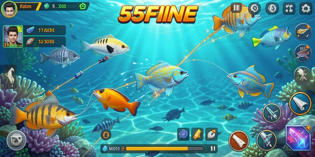 Tampilan gameplay seru di 55FIVE dengan banyak ikan berwarna.
