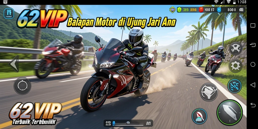 Gameplay mendebarkan di 62VIP dengan balapan motor yang intens.