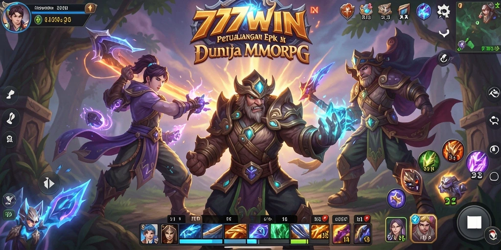 Screenshot gameplay 777WIN menampilkan pertempuran epik di dunia MMORPG.