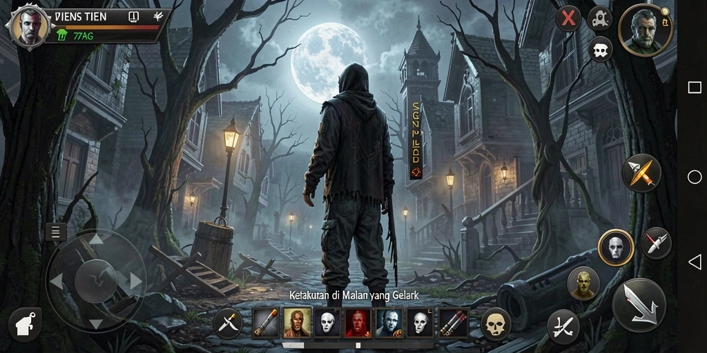 Screenshot gameplay 77AG dengan suasana horor yang mencekam.