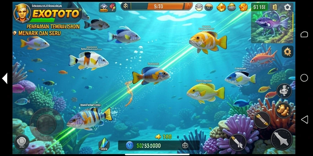 Tangkapan layar gameplay seru dari EXOTOTO dengan aksi tembak ikan.