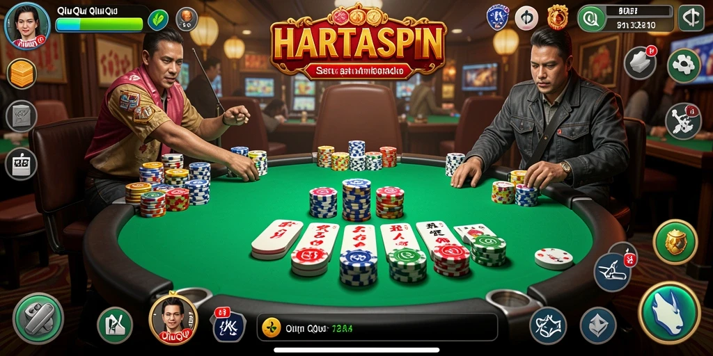 Screenshot gameplay HARTASPIN dengan suasana QiuQiu yang intens.