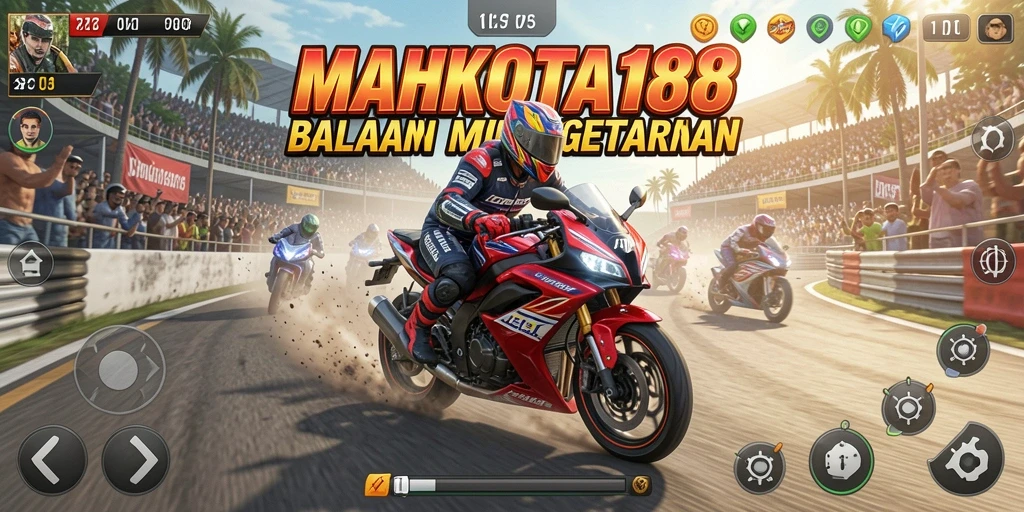Screenshot gameplay balapan motor yang penuh aksi.