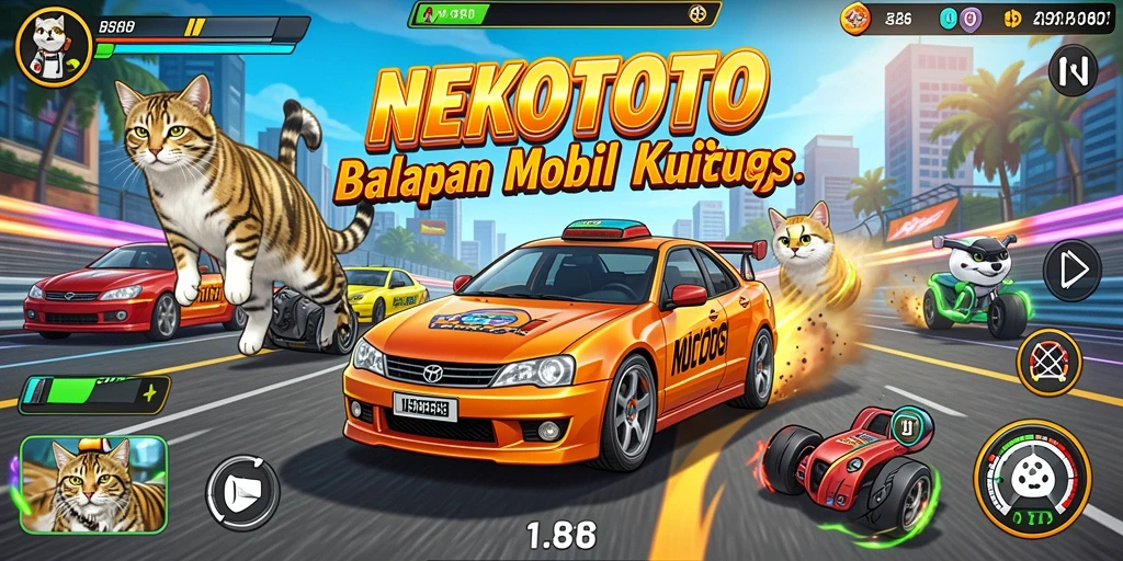 Gameplay NEKOTOTO dengan mobil kucing yang berlomba di lintasan seru.