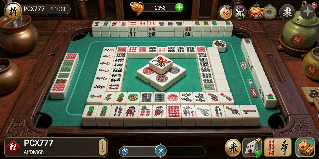 Screenshot gameplay PCX777 menampilkan suasana permainan Mahjong yang menarik.