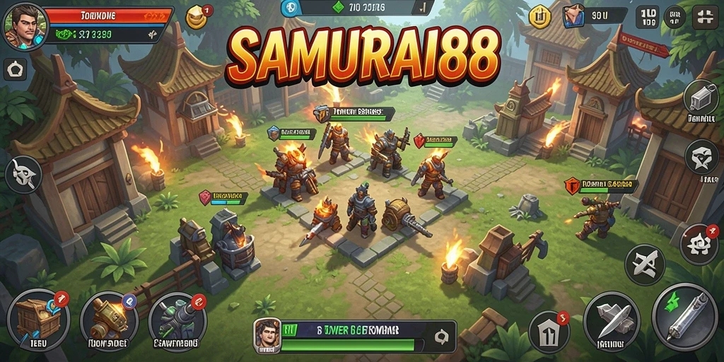 Tampilan seru dari gameplay SAMURAI88 dengan menara dan samurai yang beraksi.