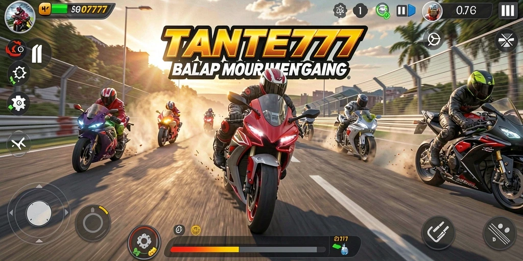 Screenshot gameplay TANTE777 menunjukkan aksi balap motor yang mendebarkan.
